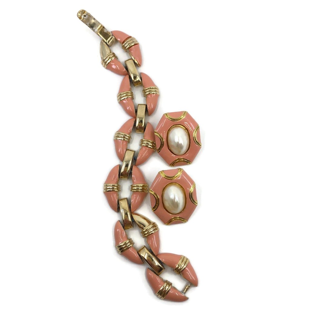 Donald Stannard Bracelet And Earring Set Gold With Coral Enamel And Faux Pearl,